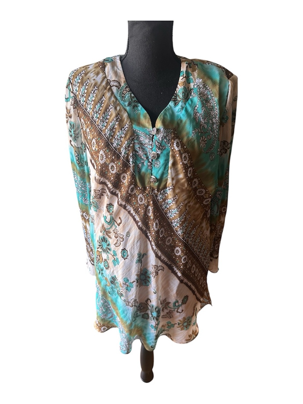 Vintage Lady Dorby Paisley Patchwork Tunic Bell Sleeve Boho Top 16W Chic Style